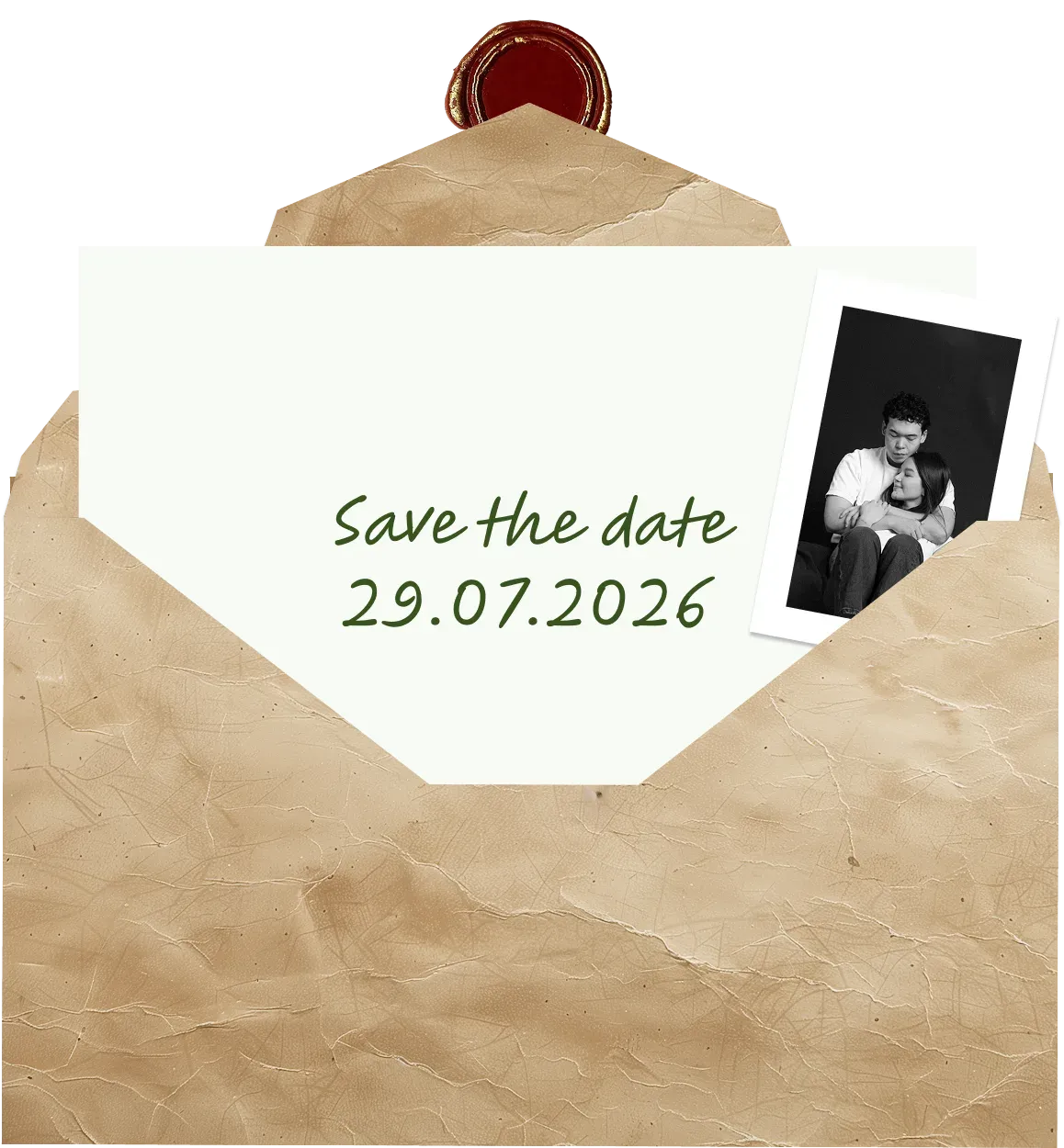 The opened envelope revealing a Save the Date card for 29.07.2026
