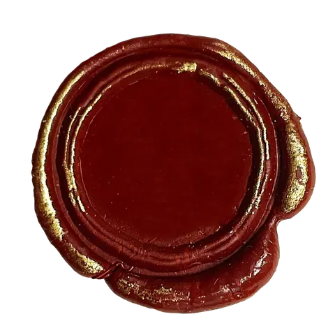 Red-and-gold wax seal pressed with the A&K monogram